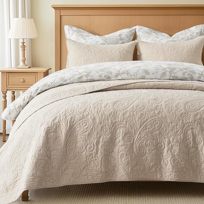 EVERGRACE 100% Cotton Paisley Quilt Set, Queen Size 3 Piece Set – Prewashed Lightweight Bedspread with 2 Shams, Soft & Breathable Matelasse Coverlet for All-Season Comfort, Flax Beige