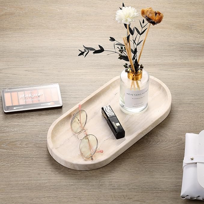 Koville Italian Travertine Tray, 12"x6" Vanity Decorative Marble Tray for Countertop, Catchall for Perfume, Candles, Jewelry Dish