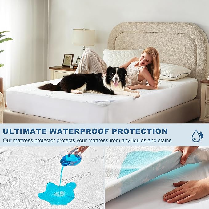 BEDLORE Twin Size Waterproof Mattress Protector Viscose Derived from Bamboo, Soft Mattress Cover Fitted with Deep Pocket 6"-15", Breathable & Cooling Noiseless Mattress Pad, Machine Washable(White)