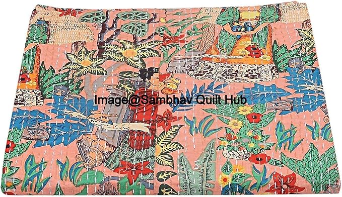 Floral Printed Cotton Quilted Blanket Indian Handmade Bedspread Kantha Work Bohemian Bed Decor Throw Blanket Twin/King/Queen (60X90 inches)