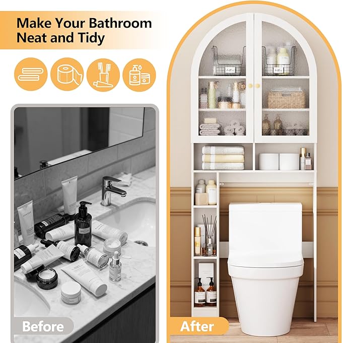 Over The Toilet Storage Cabinet, 29.7”W Modern Storage Cabinet Over Toilet with Acrylic Doors, Arched Freestanding Over Toilet Rack with Adjustable Shelf for Bathroom, Antique White