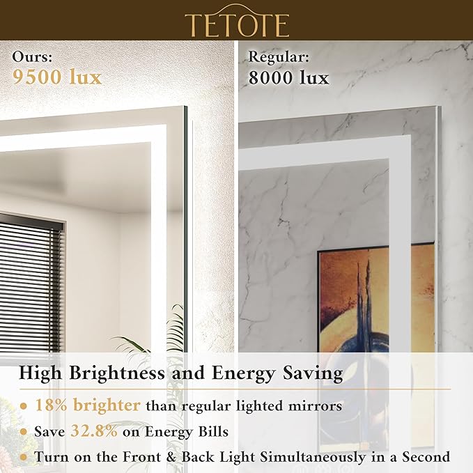 TETOTE 72 x 32 LED Bathroom Mirror, Brighter Lighted Bathroom Vanity Mirror with LED Lights, Light up Front and Backlit 3-Color Dimmable Anti Fog Illuminated Mirror, Waterproof, Shatterproof