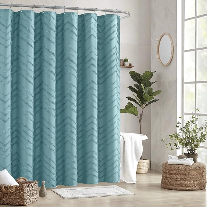 84inches Extra Long Teal Shower Curtain Boho Farmhouse Shower Curtain 72 x 84 Tufted Chevron Textured Minimalist Shower Curtains for Bathroom