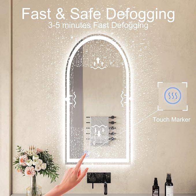 LED Bathroom Mirrors with Lights 24"x48" Arched Mirror for Wall,Led Vanity Mirror, Anti-Fog,LED Mirrors with Front Light and Backlit, Anti-Fog, Dimmable, 3 Color, Shatterproof, Touch Sensor
