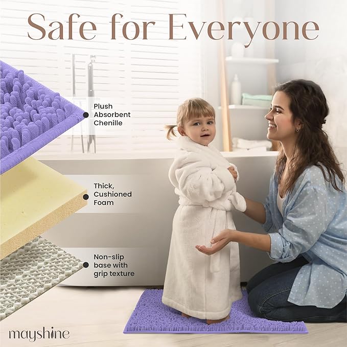 MAYSHINE Plush Shaggy Chenille Bath Mat | Extra Soft, Super Absorbent, Non-Slip Bathroom Rug | Fluffy Microfiber, Area Rug Sets for Bathroom Floor, Kitchen, Living Room | 59"x31" | Lavender