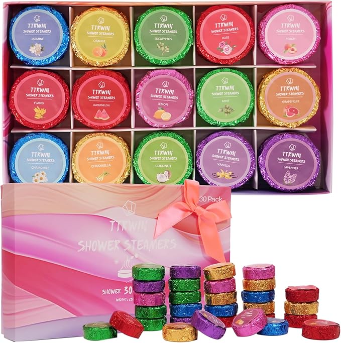 Shower Steamers Aromatherapy 30 Pack Shower Bombs with Natural Essential Oils, Home SPA Stress Relief Christmas Stocking Stuffers Birthday Gifts for Women Mom Men Self Care Relaxation