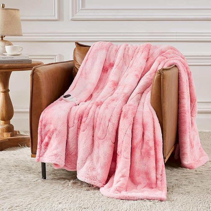 Homemate Heated Blanket Electric Throw - 50"x60" Heating Blanket Throw 1/2/4/6/8 Hours Auto-Off 10 Heat Levels Over-Heat Protection Luxury Faux Fur Sherpa ETL Certification