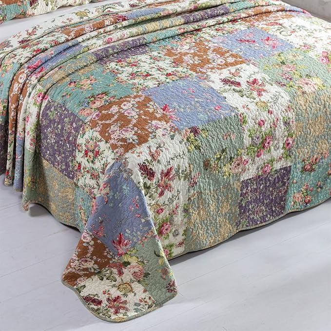 YAYIDAY Oversized Queen Quilt Set Patchwork Bedspread (110x118 Inch) - 100% Cotton Reversible Breathable Floral Quilted Coverlet with Pillow Shams Fit All Season