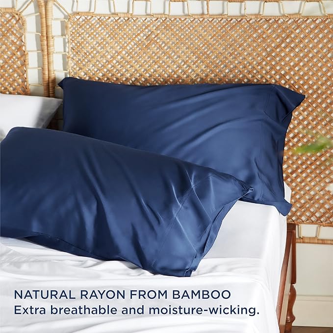 Bedsure King Size Pillow Cases Set of 2, Cooling Pillow Cases King, Rayon Derived from Bamboo Navy Blue Pillowcases, Breathable & Silky Soft Bedding Pillow Covers with Envelope Closure, 20x36 Inches