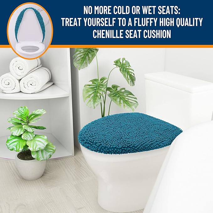 OLANLY Soft Chenille Bathroom Toilet Lid Cover, Machine Washable Seat Covers, 17.5x15, Stays in Place Rubber Backing, Fits Most Round, Elongated and Oblong Lids, Accessories Decor, Peacock Blue