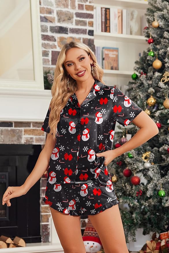 HOTOUCH Womens Satin Pajamas Set Button Down 2 Piece Silk Pjs Shorts Set Ruffle Lingerie Notch Collar Sleepwear