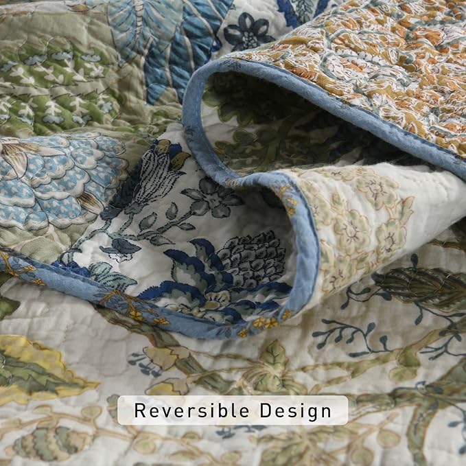 Yvooxny Quilt Set Queen Bedspread Reversible Green Farmhouse Garden Coverlet Real Patchwork Quilt Set for All Seasons, Bohemian Floral Pattern, Queen Size