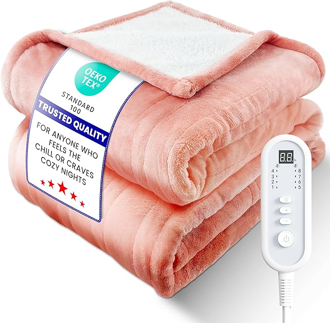 Electric Heated Blanket Throw, Ultra‑Cozy Premium Flannel & Sherpa, Even Heat Distribution & Stable Temp, 1–8H Auto‑Off, 8 Temps (86–125.6°F), Overheat Protection, Ideal Gifts for Grandma