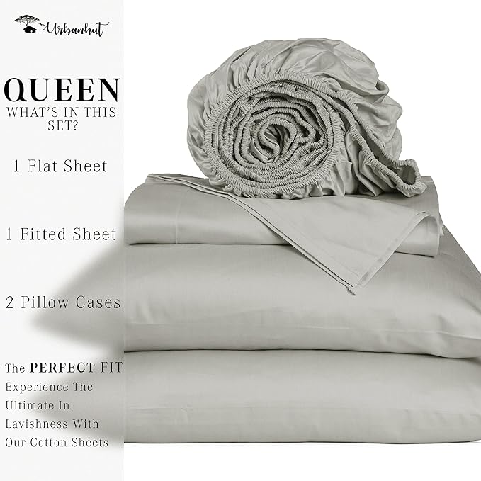 URBANHUT 1000 Thread Count Egyptian Cotton Sheets Queen Size, Breathable Long Staple, 4 Pc Bed Sheet Sets, Luxury Hotel Sateen Sheets Fits 16" Deep Pocket - Silver Grey