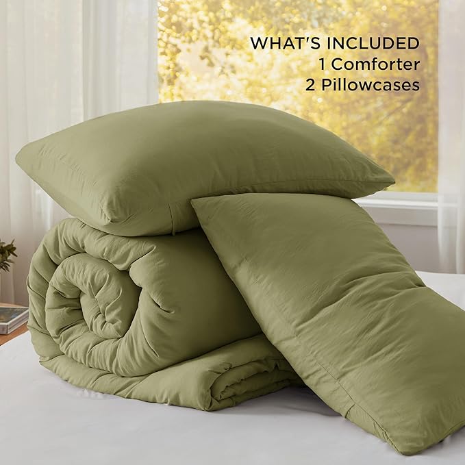 Bedsure Queen Size Comforter Set, Olive Green Soft Prewashed Bedding for All Seasons, 3 Pieces GentleSoft™ Warm Down Alternative Bed Set, 1 Lightweight Comforter (90"x90") and 2 Pillowcases (20"x26")
