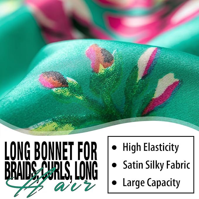 3Pcs Bonnets for Black Women Braids, Long Satin Bonnet with Stretchy Tie Band Sleep Cap for Long Hair (Purple & Leopard & Flower)