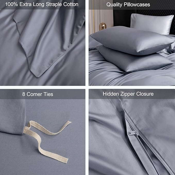 MooMee Duvet Cover Set 100% Extra Long Staple Cotton 600 Thread Count Silky Sateen Smooth Luxury Soft Breathable Durable Hotel Quality Bedding, 3 Pieces (Baby Blue, King 104"x90")