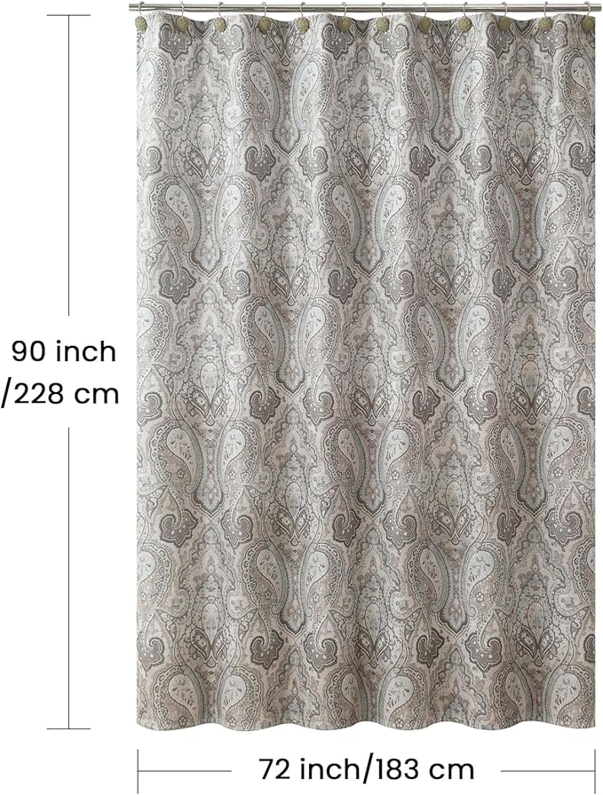 90 Inch Fabric Shower Curtain, Extra Long Taupe and Blue Paisley Print Shower Curtains for Bathroom, 72" W x 90" H