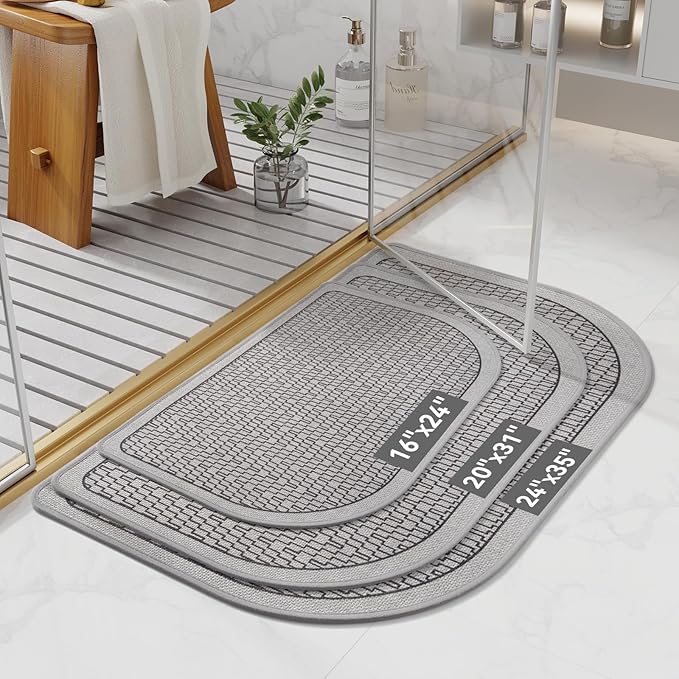 Bathroom Rugs Mat 24x35, Non Slip Ultra Thin Bath Mat Quick Dry Absorbent Washable Woven Half Round Bath Mats for Bathroom Floor Rubber Backed Fit Under Door Grey