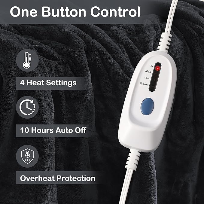 Electric Heated Blanket Full Size 72"x84", Soft Large Big Oversized Warm, 4 Heating Levels & 10 Hours Auto Off, Cozy for Bed, Sofa & Office, Machine Washable, Black