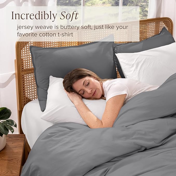Bare Home 100% Organic Cotton Jersey Duvet Cover Set - Extra Long Size - Ultra Soft - 100% Cotton - 2pcs - Corner Ties - Button Closure - Bedding Duvet Cover & Pillow Shams (Twin/Twin XL, Grey)