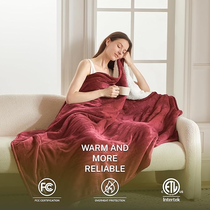 Heat Blanket 72”x84” Full Size,Soft Flannel & Sherpa Reversible Electric Blanket with 10 Heat Settings,12 Timer Setting and 8 Hours Auto-Shut Off,ETL Certified Machine Washable,Red
