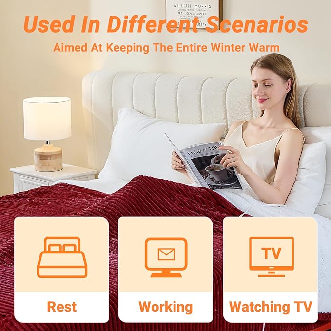 Heated Blanket Electric Full, Soft Flannel Heating Blanket with 8 Hours Auto Off 10 Fast Heating Levels Machine Washable Sherpa Heated Blanket with Overheating Protection