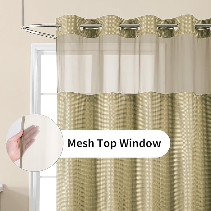 Colorful Star No Hook Shower Curtain with Snap in Fabric Liner, Waffle Weave Heavy Duty Thick Shower Curtains with Mesh Top Window, Hotel Style Waterproof Bathroom Curtain Set, 72 x 87 Inch, Beige
