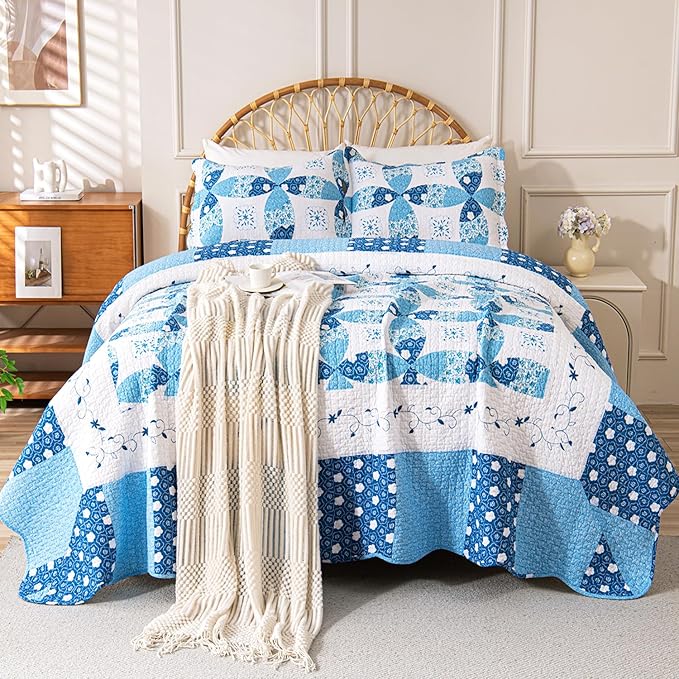 Cmfshape Blue Quilt Sets Bedspread Set 100% Cotton Patchwork Coin Pattern Bedding Set,All Season Use Lightweight Reversible Coverlet Quilts with 2 Pillow Shams(Queen 92"x96")