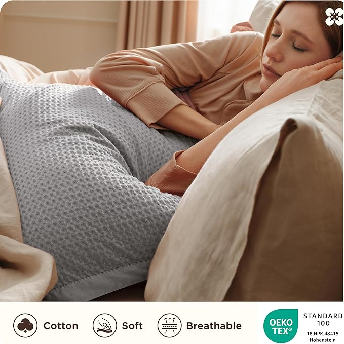 Bedsure Cotton Duvet Cover Queen - 100% Cotton Waffle Weave Grey Duvet Cover Queen Size, GentleSoft™ and Breathable Bedding Set for All Season, 3 Pieces, 90"x90"