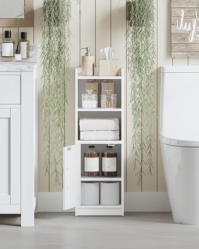Bathroom Storage Cabinet, Small Farmhouse Corner Floor Cabinet with Door and Shelves, Narrow Toilet Paper Holder Stand, Bathroom Organizer with Adjustable Shelf, for Small Spaces, White