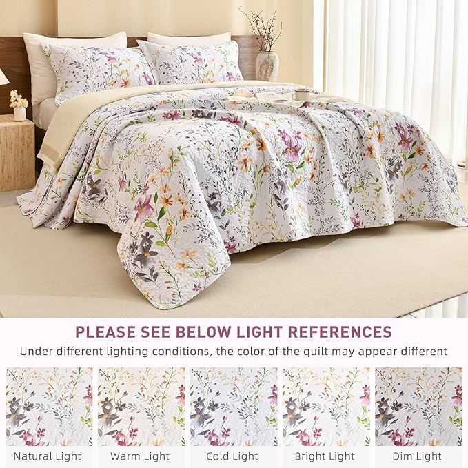 Lady Ann Wild Floral Printed Bed Quilt Sets Queen 100% Cotton Yellow Flower Botanical Pattern Bedding, Vintage Lightweight Coverlet Ultra Soft Bedspread Set with Pillow Shams for All Season, 3 PCS