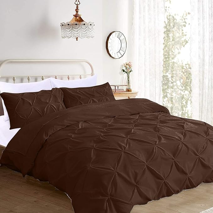 Pinch Pleated Duvet Cover Set 100% Cotton 3PC Alaska King Size 120x132 Duvet Cover Set, Decorative Pinch Design Brown Duvet Cover with Matching Pillow Case