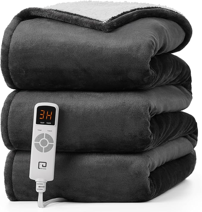 EHEYCIGA Heated Blanket - Electric Throw with 9 Heating Levels & 10 Hr Auto Off, Soft Cozy Sherpa Blanket, 50 x 60 Inches