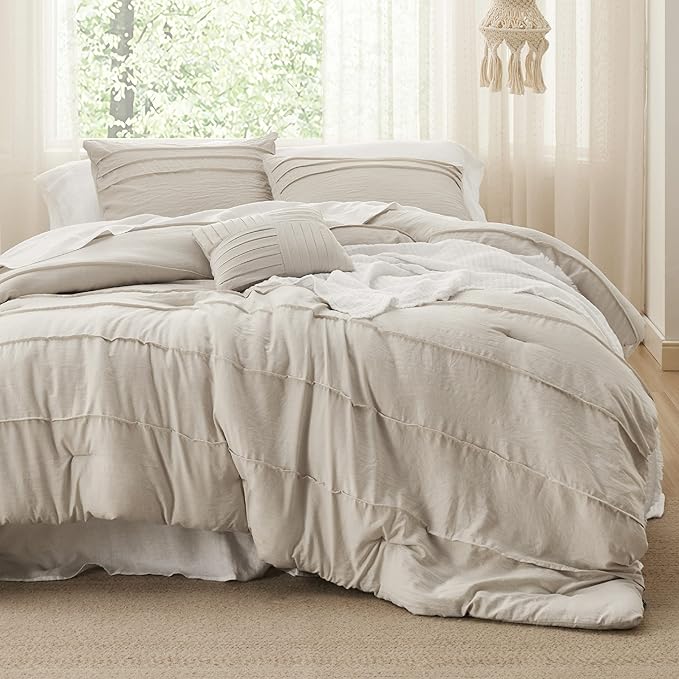 Bedsure Beige Oversized King Size Comforter Set - 4 Pieces Pinch Pleat Bed Set, Down Alternative Bedding Sets for All Season, 1 Comforter, 2 Pillowcases, 1 Decorative Pillow