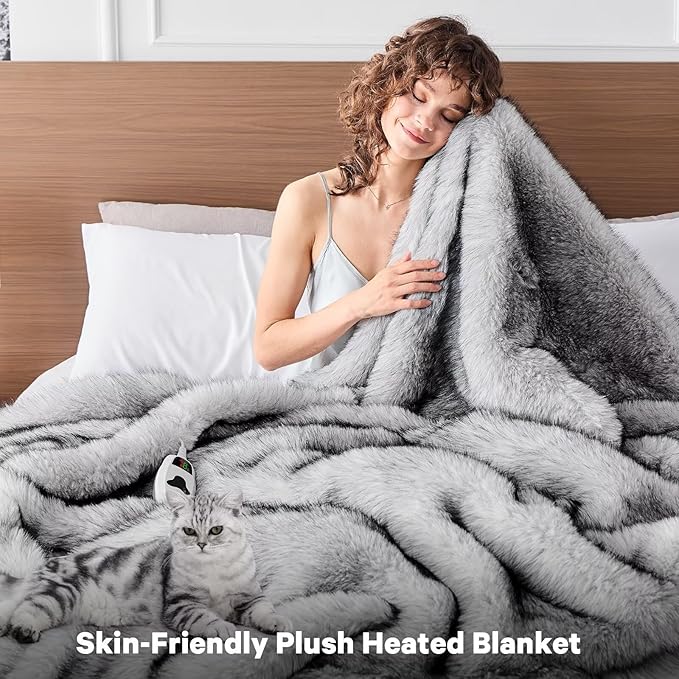 Heated Electric Blanket Twin, Octrot 60"X80" Faux Fur Heating Blanket Luxury Christmas Gifts Heavy Plush with 10 Heats Levels & 8 Hours Auto Off,Super Cozy Warm Fuzzy,Fluffy Decor Winter Warming,Grey
