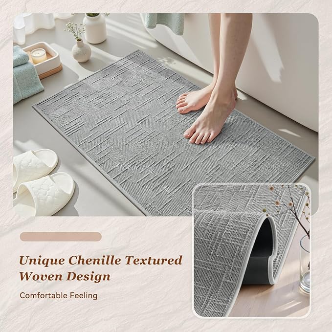 AMOAMI Bath Mat Non Slip Super Absorbent Quick Dry Bath Mats for Bathroom Floor Rubber Backing Washable Bathroom Rugs Modern Woven Jacquard Mat, Beside Tub Bath Rugs, 20" x 32", LightGrey