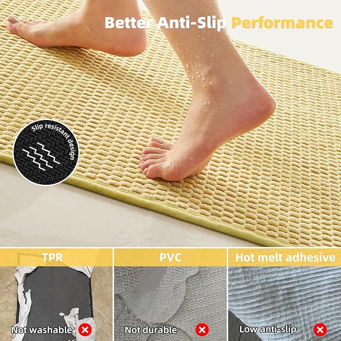 Bathroom Rugs Non Slip Washable, Super Absorbent Thin Bath Mat Small Quick Dry Low Pile Bathroom Rug, Yellow 20"x30"