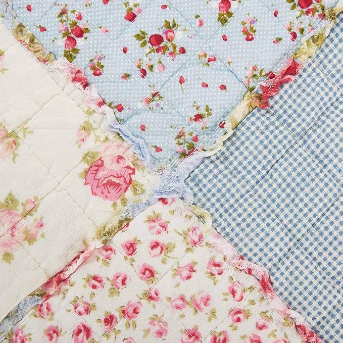 Cozyholy Original 100% Cotton Patchwork Quilt Twin Size Blue Floral Bedspread Coverlet Reversible Vintage Shabby Chic Quilted Throw Blanket Bed Quilt Cover for Couch Sofa