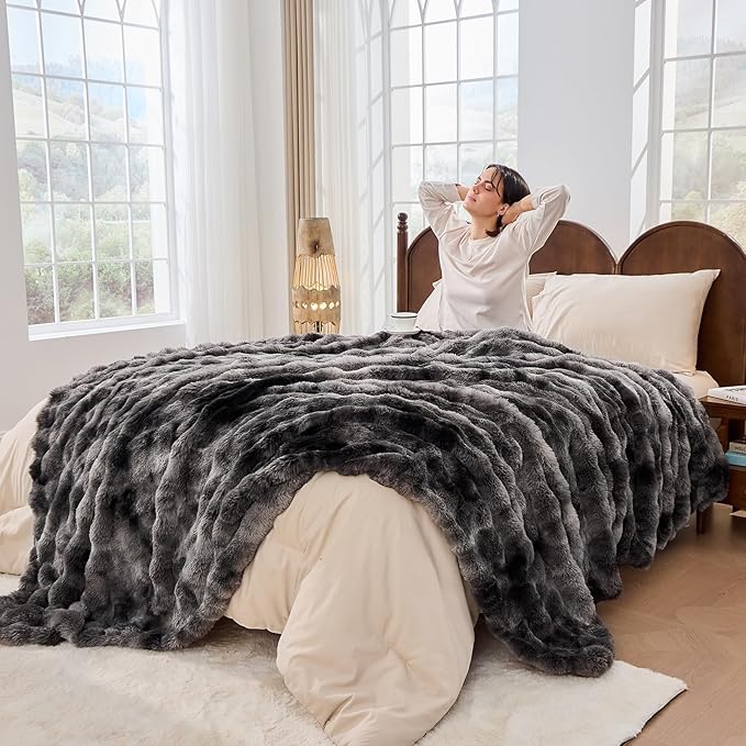 Fluffy Throw Blanket - Luxury Faux Rabbit Fur, Soft, Warm, Cozy & Fuzzy - Tie-Dyed Purple Dark Grey (King Size 108''x90'')