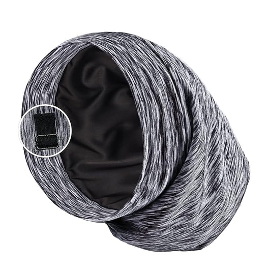 Satin Lined Sleep Cap Bonnet for Curly Hair and Braids, Stay On All Night Hair Wrap with Adjustable Strap for Women and Men, Dark Grey and White, Pack of 1