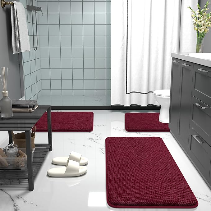 OLANLY Thick Memory Foam Bath Mat Rug 70x24, Extra Soft Absorbent Bathroom Rug, Quick Dry Bath Mats, Non-Slip, Machine Washable Carpet for Bathroom, Tub and Shower, Home Decor Accessories, Burgundy