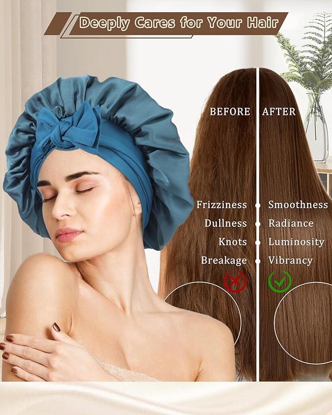 AWAYTR Women Satin Bonnet for Sleeping - Double Layer Silk Hair Bonnet with Elastic Tie Band for Braids Curly Hair