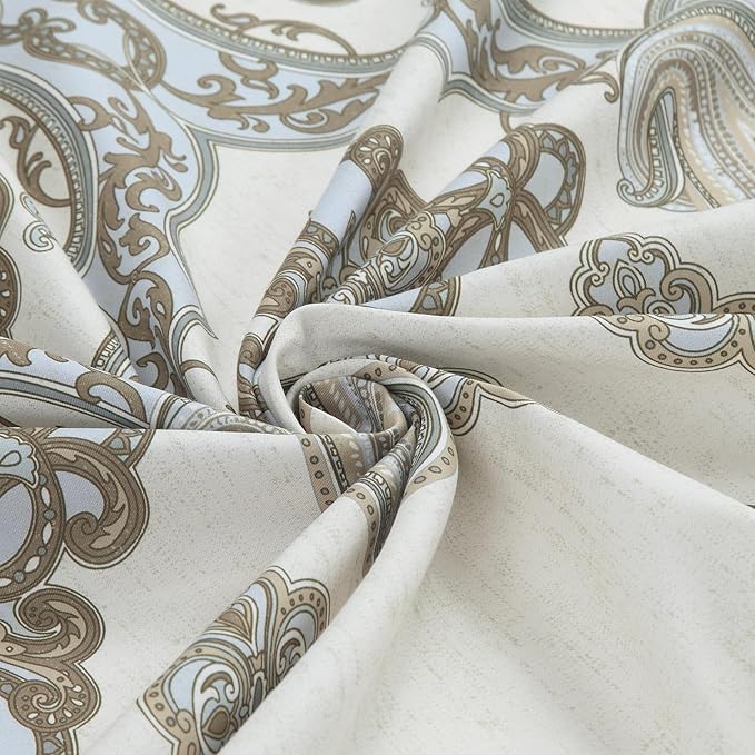 Fabric Shower Curtain, Ivory Taupe Blue Moroccan Paisley Pattern Shower Curtains for Bathroom, 72" W x 72" H