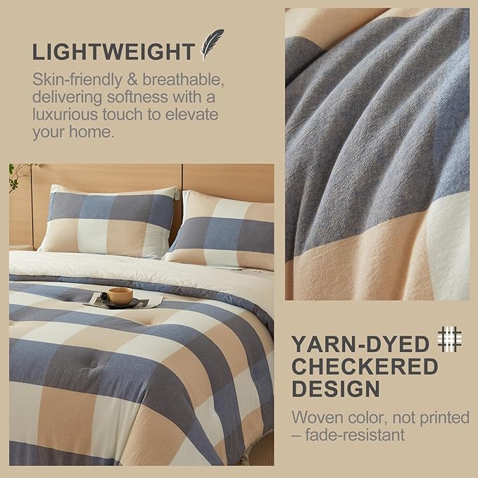 100% Cotton Comforter Set Full Size – Reversible Yarn-Dyed Checkered Design, Soft Washed Cotton on Both Sides, Lightweight All-Season Bedding, Machine Washable(Blue White Plaid, 80”x90”)