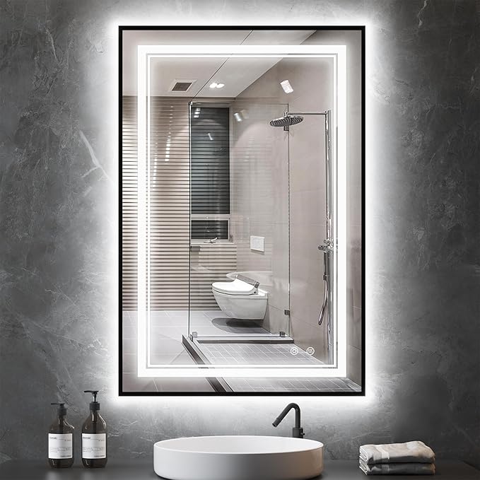 LED Bathroom Mirror with Front and Backlit 24"x36", Black LED Mirror for Bathroom,Dual LED Strips, Fogless, Dimmable, 3 Color Changing, Shatterproof, Horizontal/Vertical