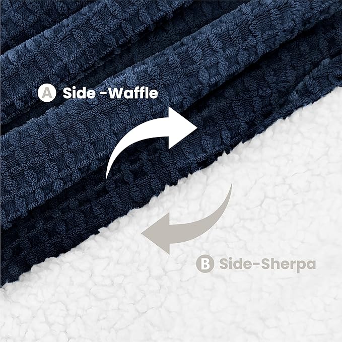 Heated Blanket Electric Throw Waffle, 50x60 Inches Sherpa Fleece Fast Heating Blanket 6 Heating Levels & 4 Hours Auto Off ETL Certification, Navy Throw