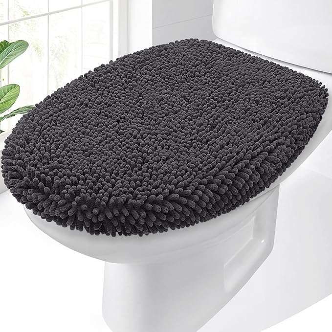 OLANLY Soft Chenille Bathroom Toilet Lid Cover, Machine Washable Seat Covers, 17.5x15, Stays in Place Rubber Backing, Fits Most Round, Elongated and Oblong Lids, Accessories Decor, Dark Gray