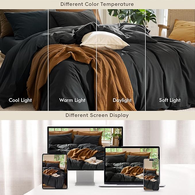 MooMee Bedding Duvet Cover Set 100% Washed Cotton Linen Like Textured Breathable Durable Soft Comfy (Solid Black, Super Queen 90"x98")
