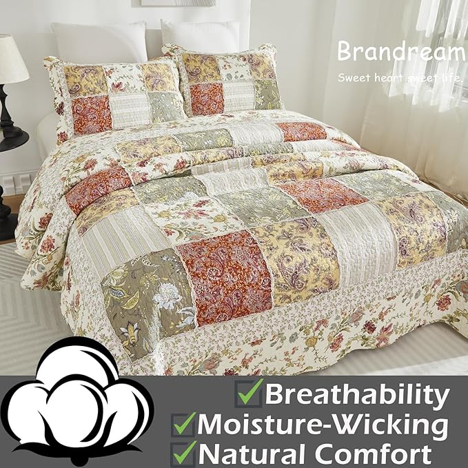 Brandream Queen Size Quilt Set Cotton Luxury Patchwork Quilts Vintage Farmhouse Quilted Comforter Set 3-Piece